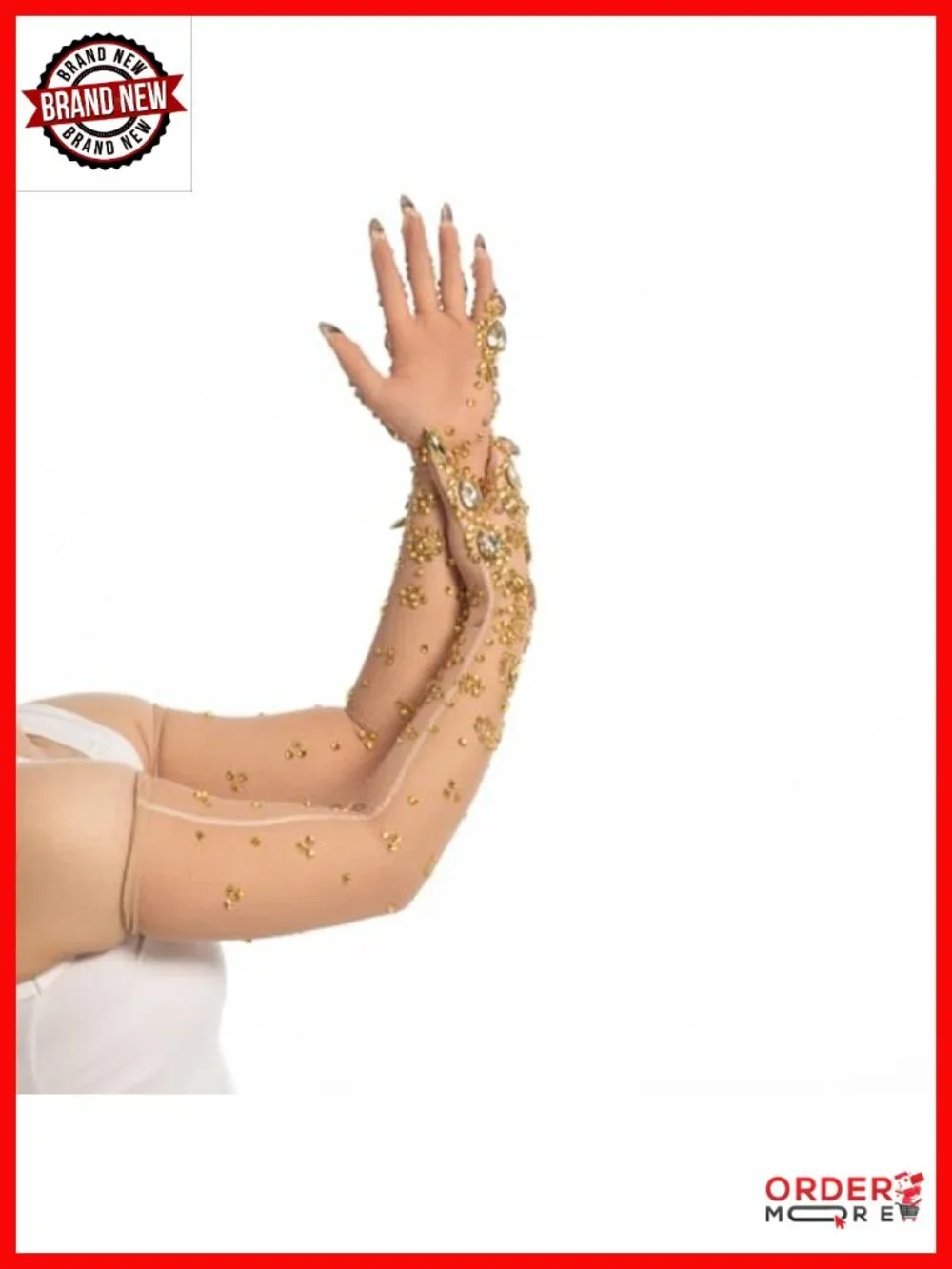 Rhinestone Mesh Opera Gloves with Built-in Gold Nail Tips, Stretchy One Size